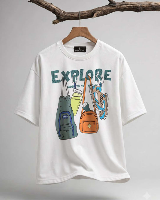 Explore- White Oversized Travel Tshirt