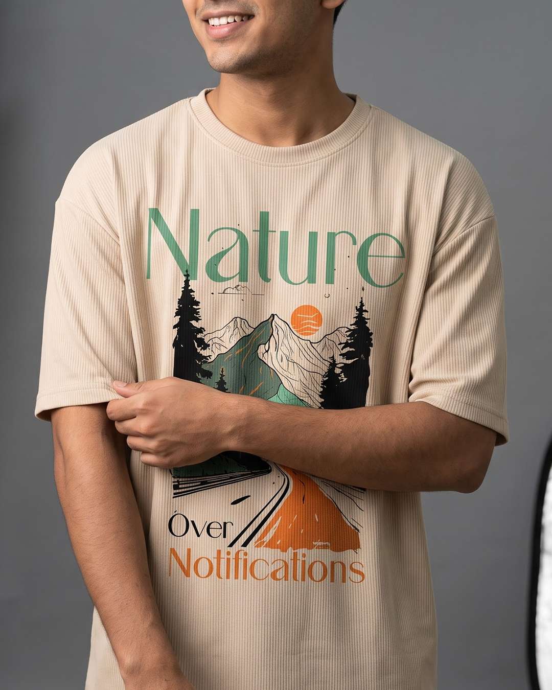 Nature Over Notifications- Beige Oversized Travel Tshirt