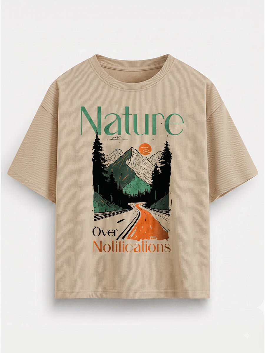 Nature Over Notifications- Beige Oversized Travel Tshirt