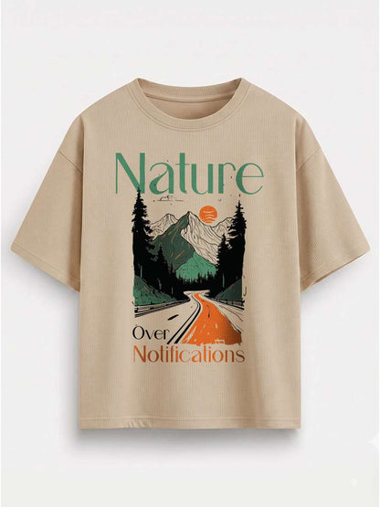 Nature Over Notifications- Beige Oversized Travel Tshirt