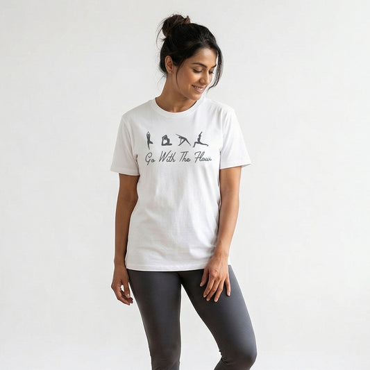 Go With The Flow - White Yoga Round Neck T-shirt