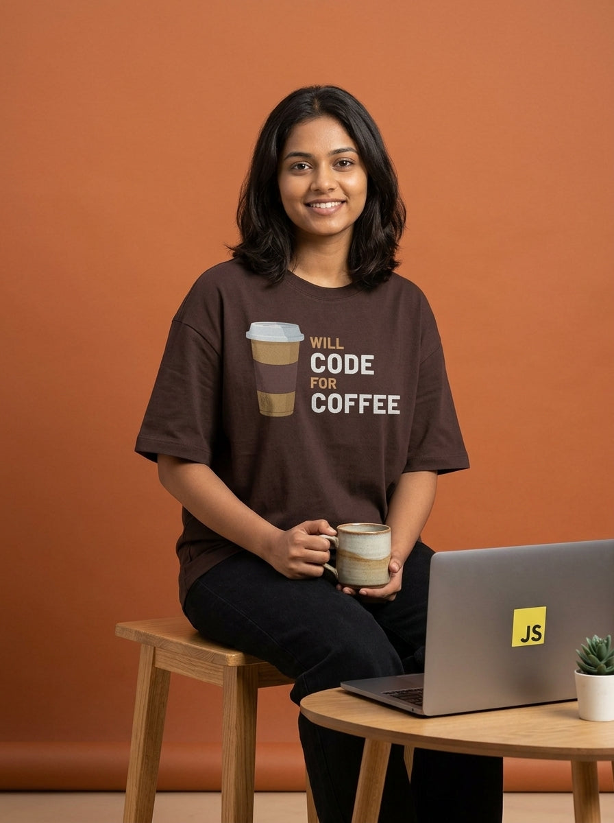 Will Code for Coffee- Coffee Brown Round Neck Coding T-shirt