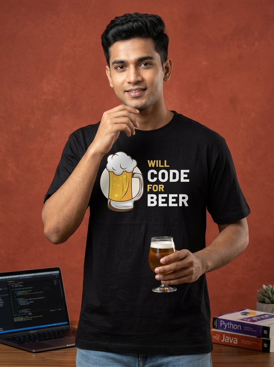Will Code for Beer- Black Round Neck Coding T-shirt