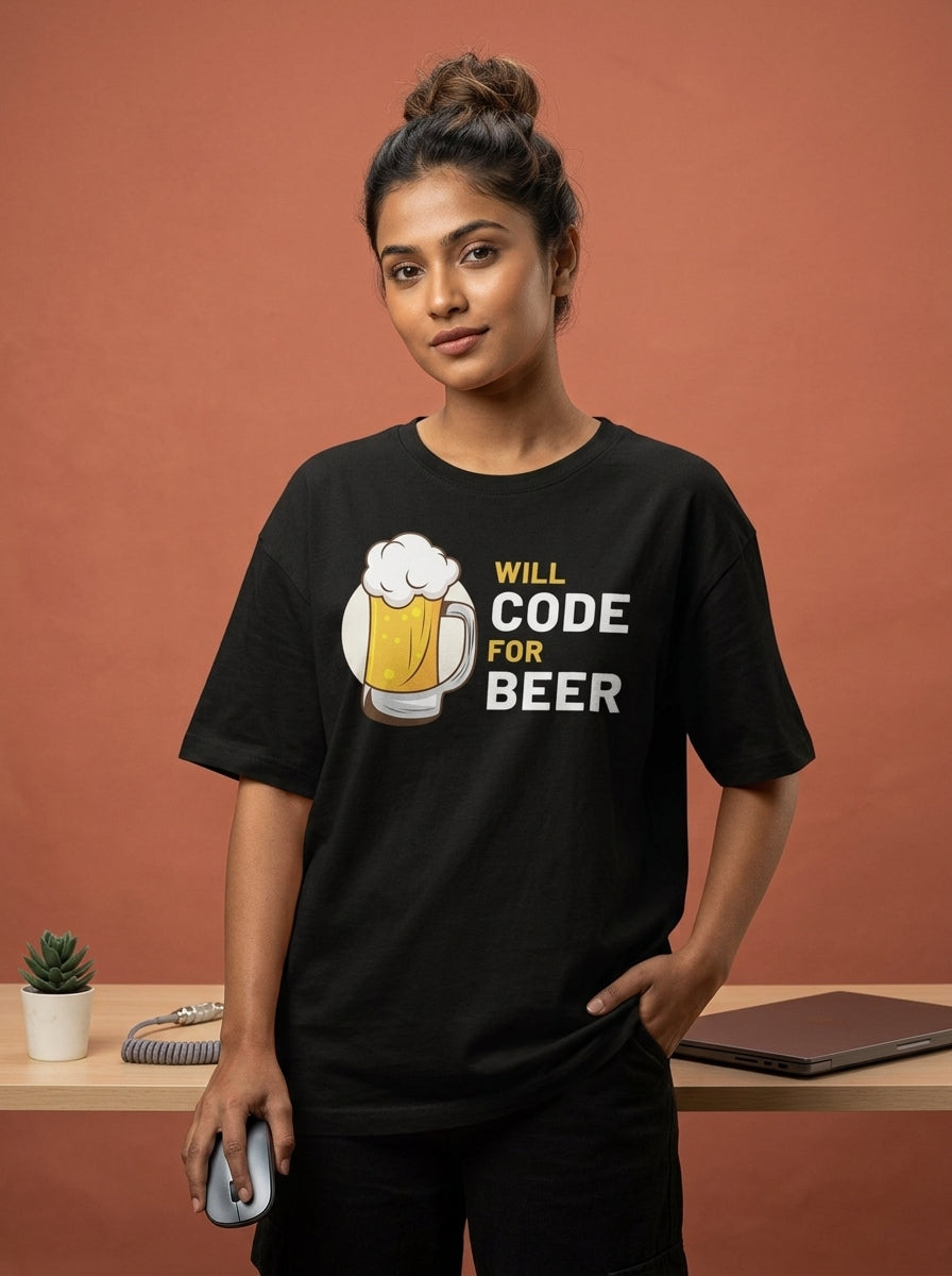 Will Code for Beer- Black Round Neck Coding T-shirt