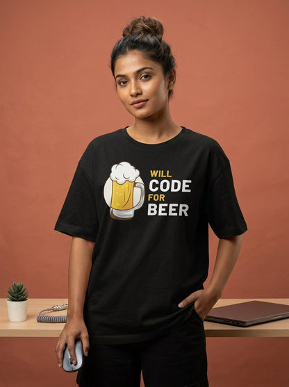 Will Code for Beer- Black Round Neck Coding T-shirt
