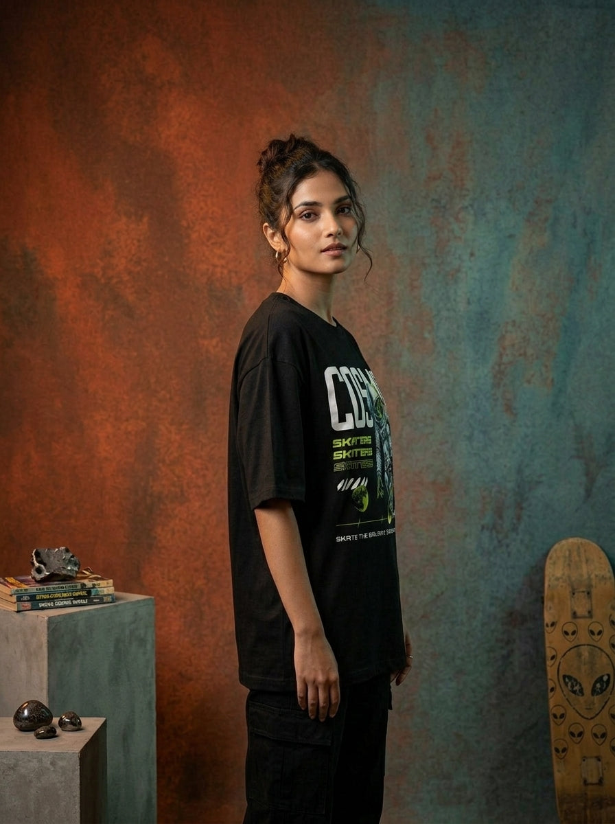 Cosmic Skater- Black Round Neck Oversized Graphic T-shirt