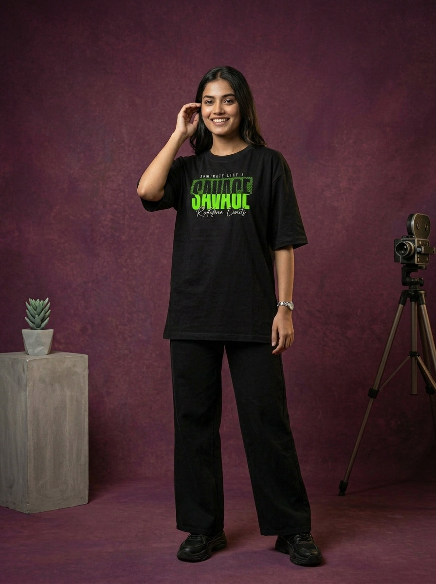 Blackefine Limits - Black Round Neck Oversized Graphic T-shirt