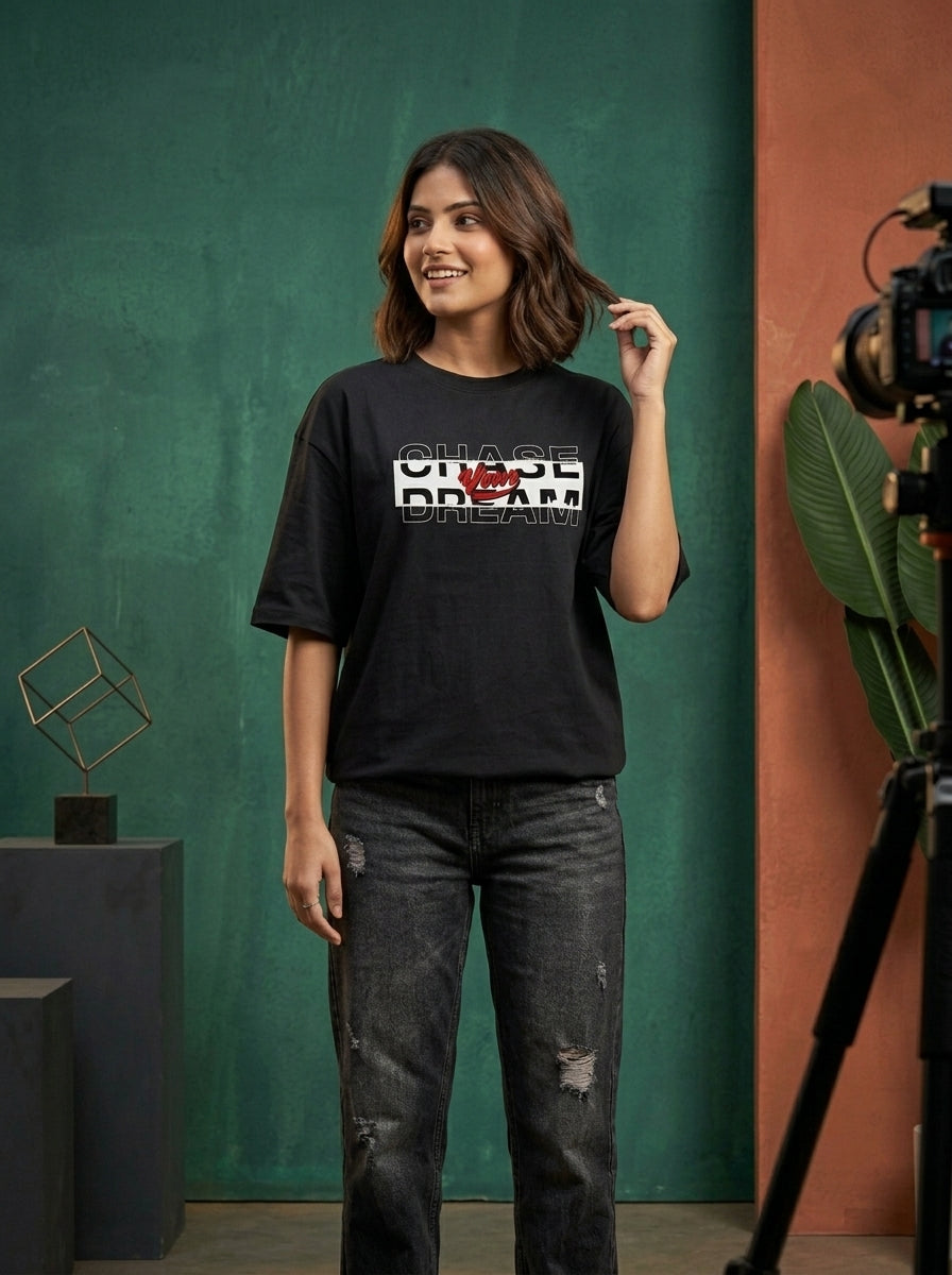 Chase Your Dream - Black Round Neck Oversized Graphic T-shirt