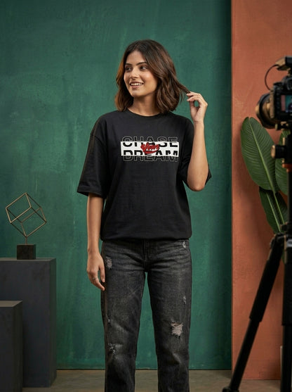 Chase Your Dream - Black Round Neck Oversized Graphic T-shirt