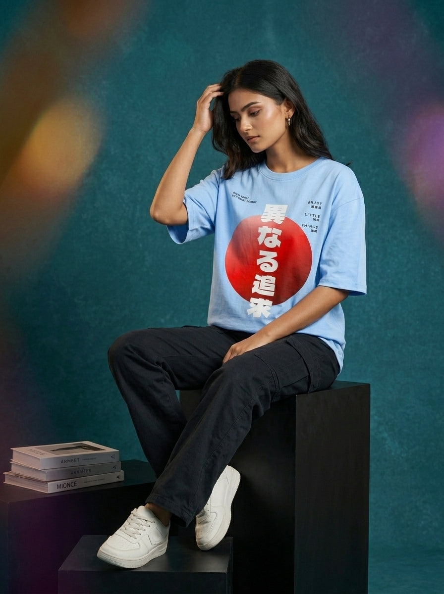 Japan Text- Sky Blue Round Neck Oversized Graphic T-shirt