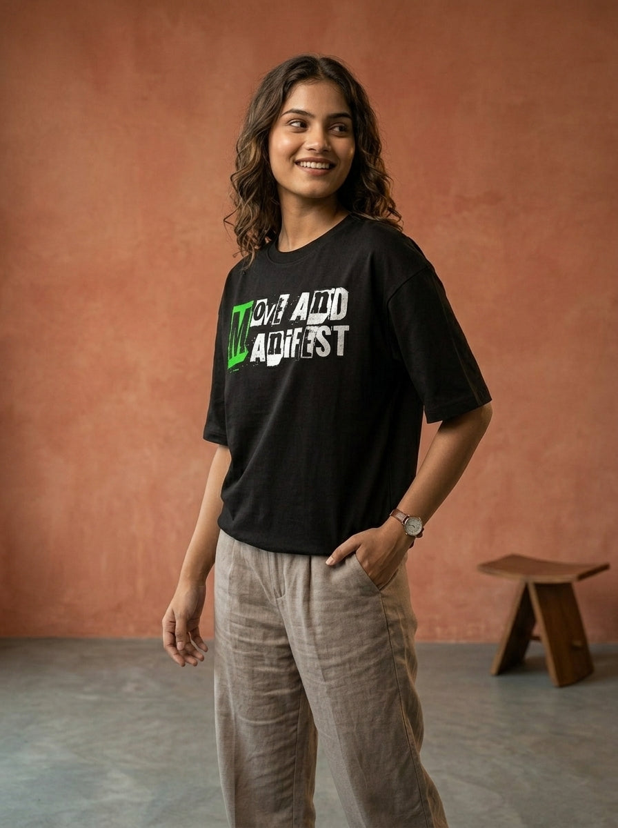 Move And Manifest- Black Round Neck Oversized Graphic T-shirt