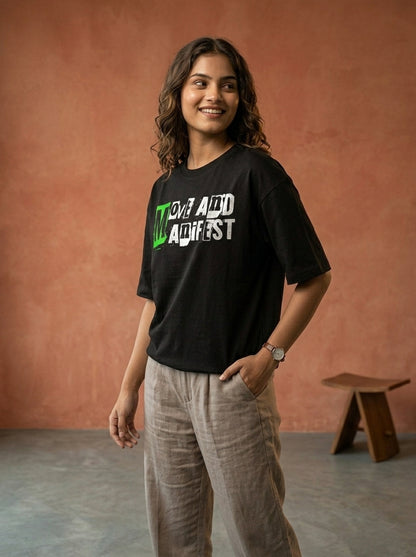 Move And Manifest- Black Round Neck Oversized Graphic T-shirt