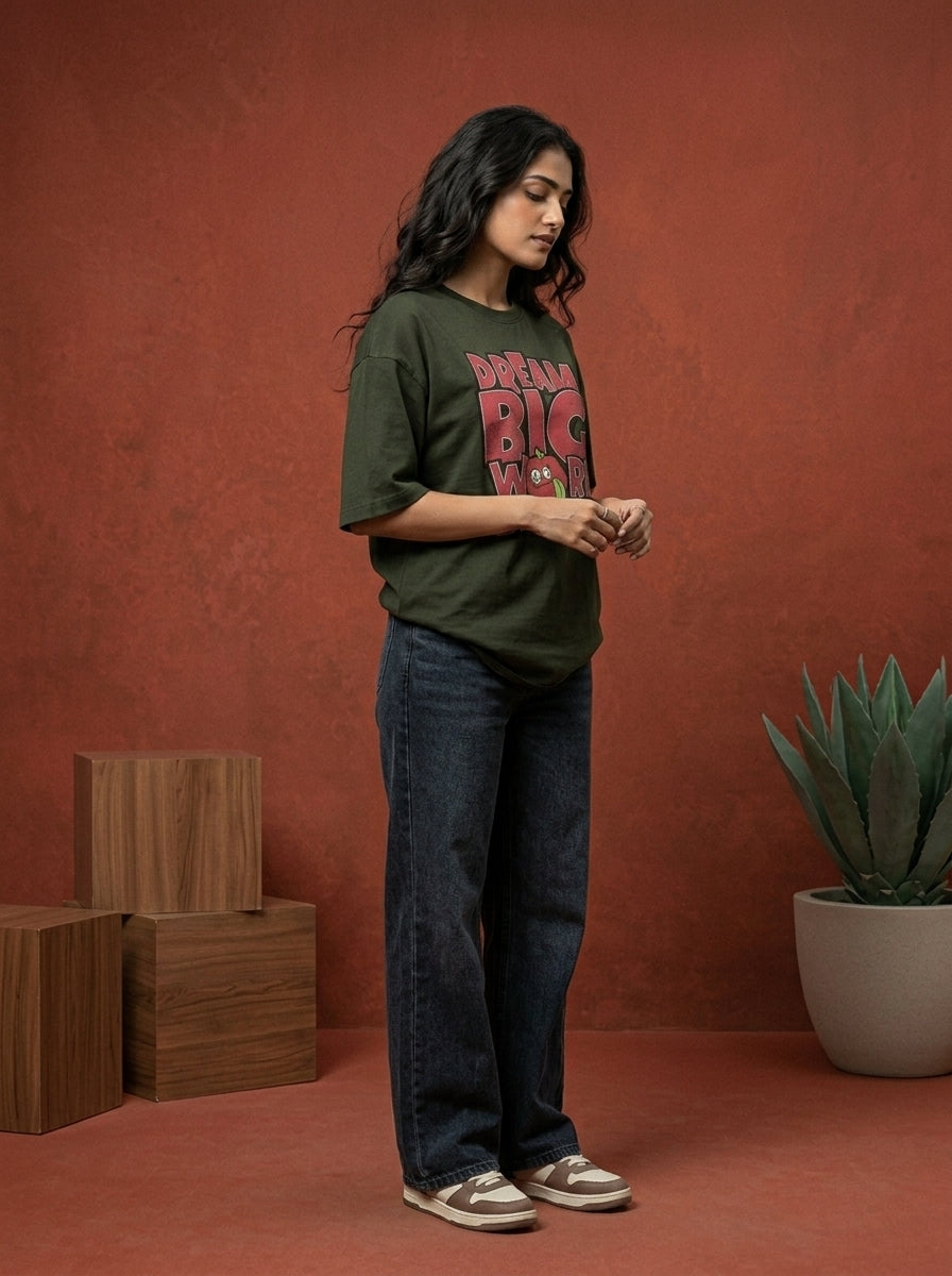 Dream Big- Olive Green Round Neck Oversized Graphic T-shirt