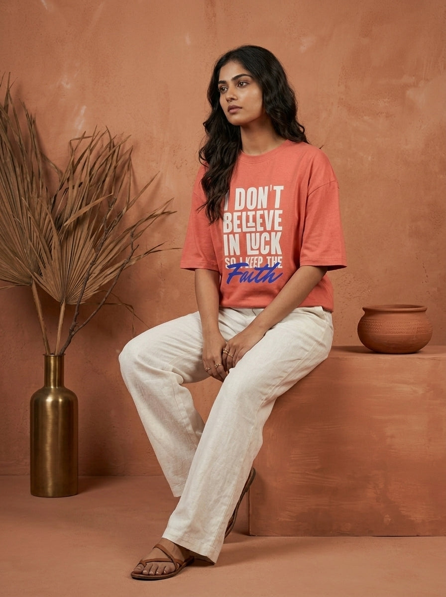 Keep The Faith - Coral Round Neck Oversized Graphic T-shirt