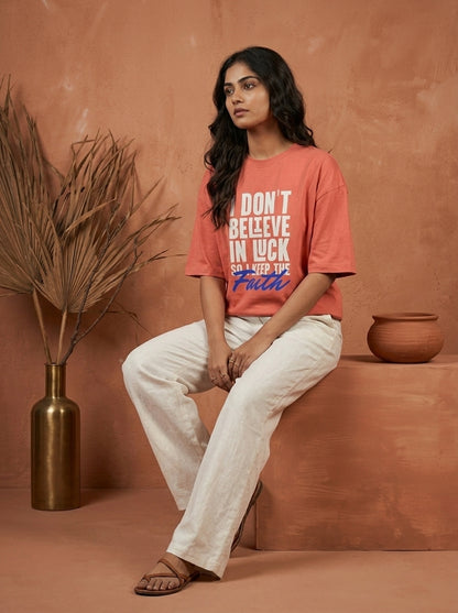 Keep The Faith - Coral Round Neck Oversized Graphic T-shirt
