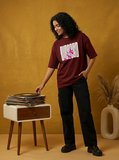 Blessed - Maroon Round Neck Oversized Graphic T-shirt