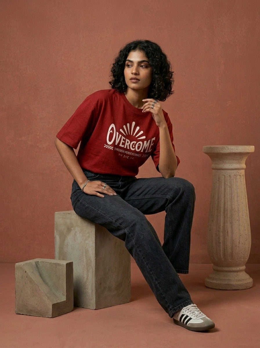 Overcome - Red Round Neck Oversized Graphic T-shirt