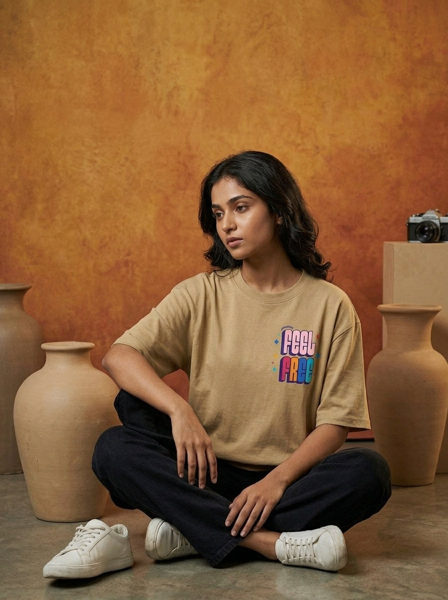 Feel Free - Beige Round Neck Oversized Graphic T-shirt