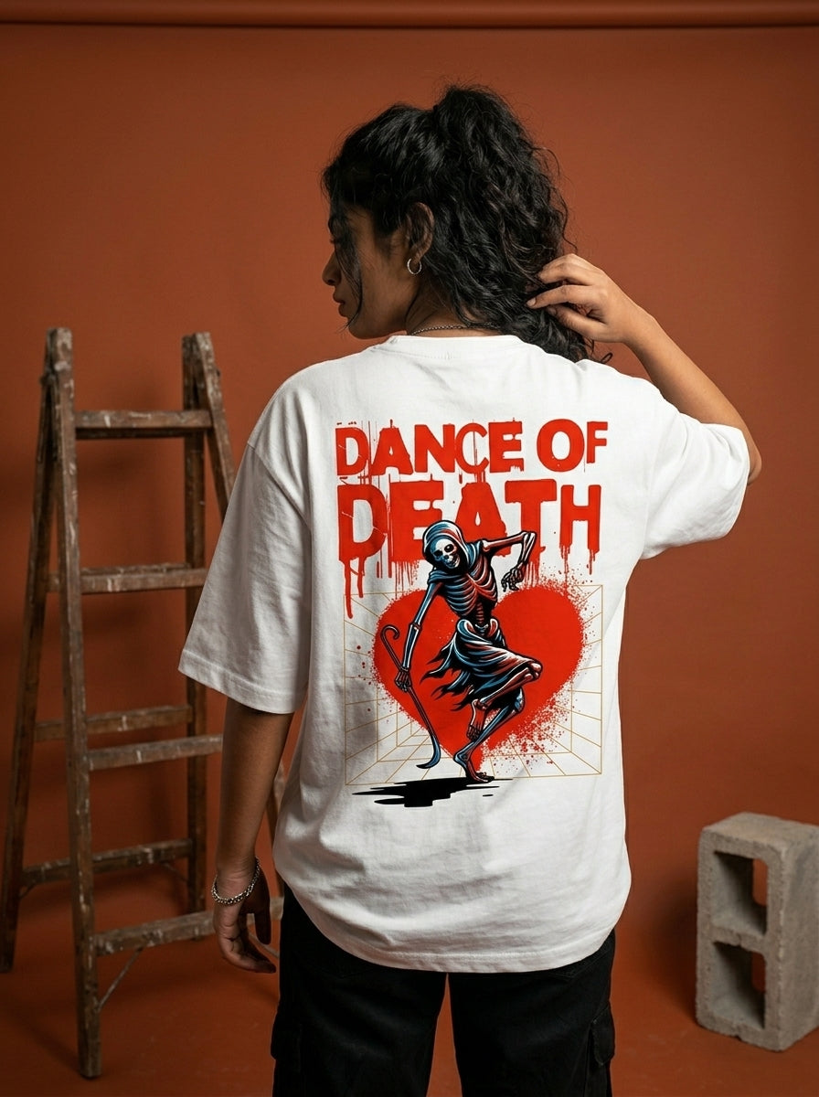Dance Of Death - White Round Neck Oversized Graphic T-shirt