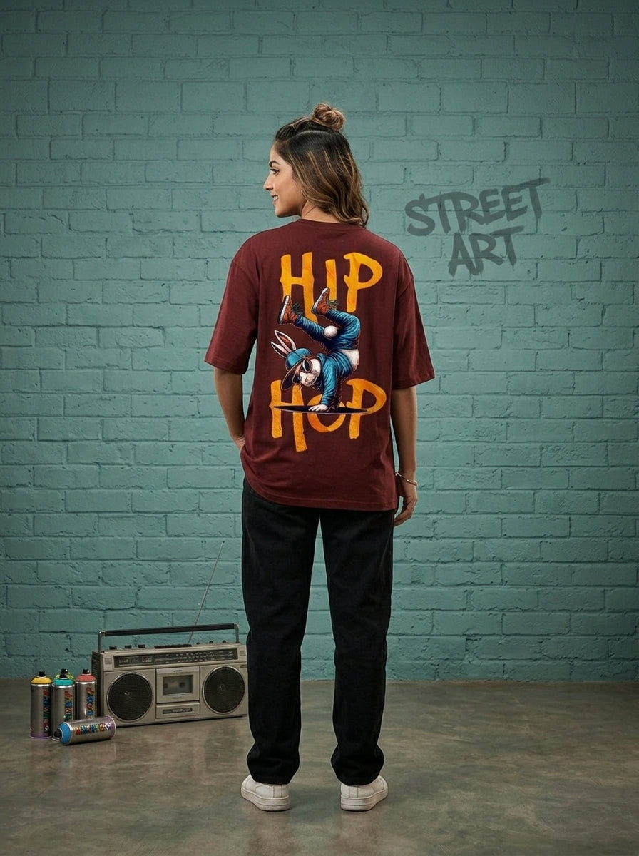 Hip Hop- Maroon Round Neck Oversized Graphic T-shirt