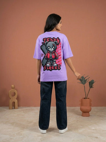 Teddy Street- Lavender Round Neck Oversized Graphic T-shirt
