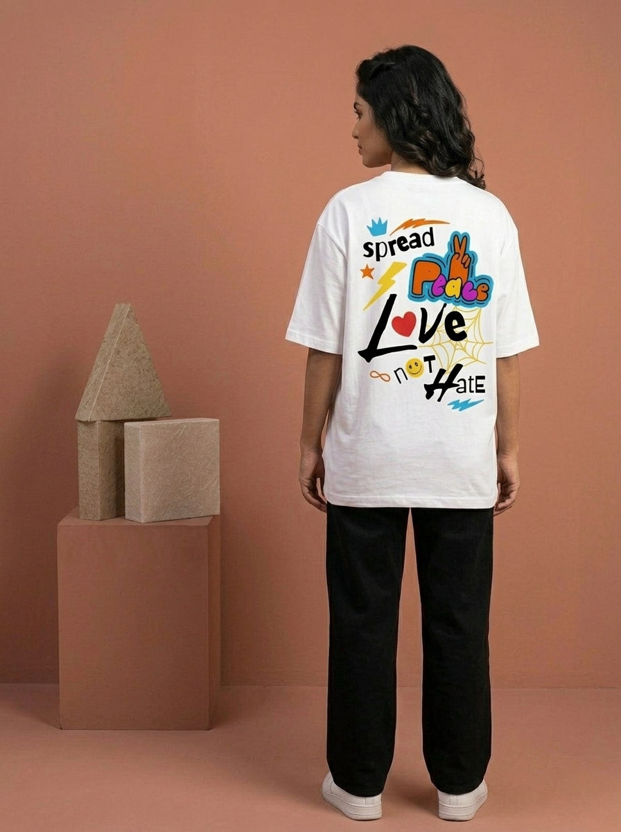 Spread Peace - White Round Neck Oversized Graphic T-shirt