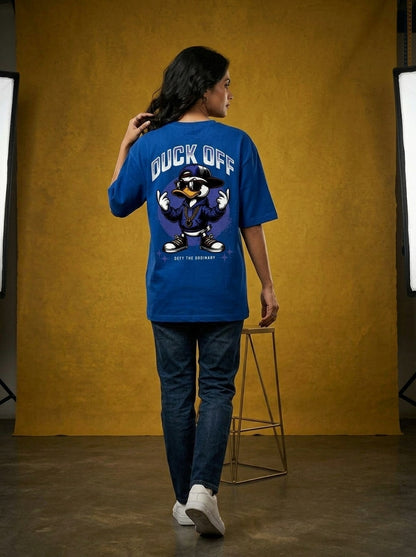Duck Off - Royal Blue Round Neck Oversized Graphic T-shirt