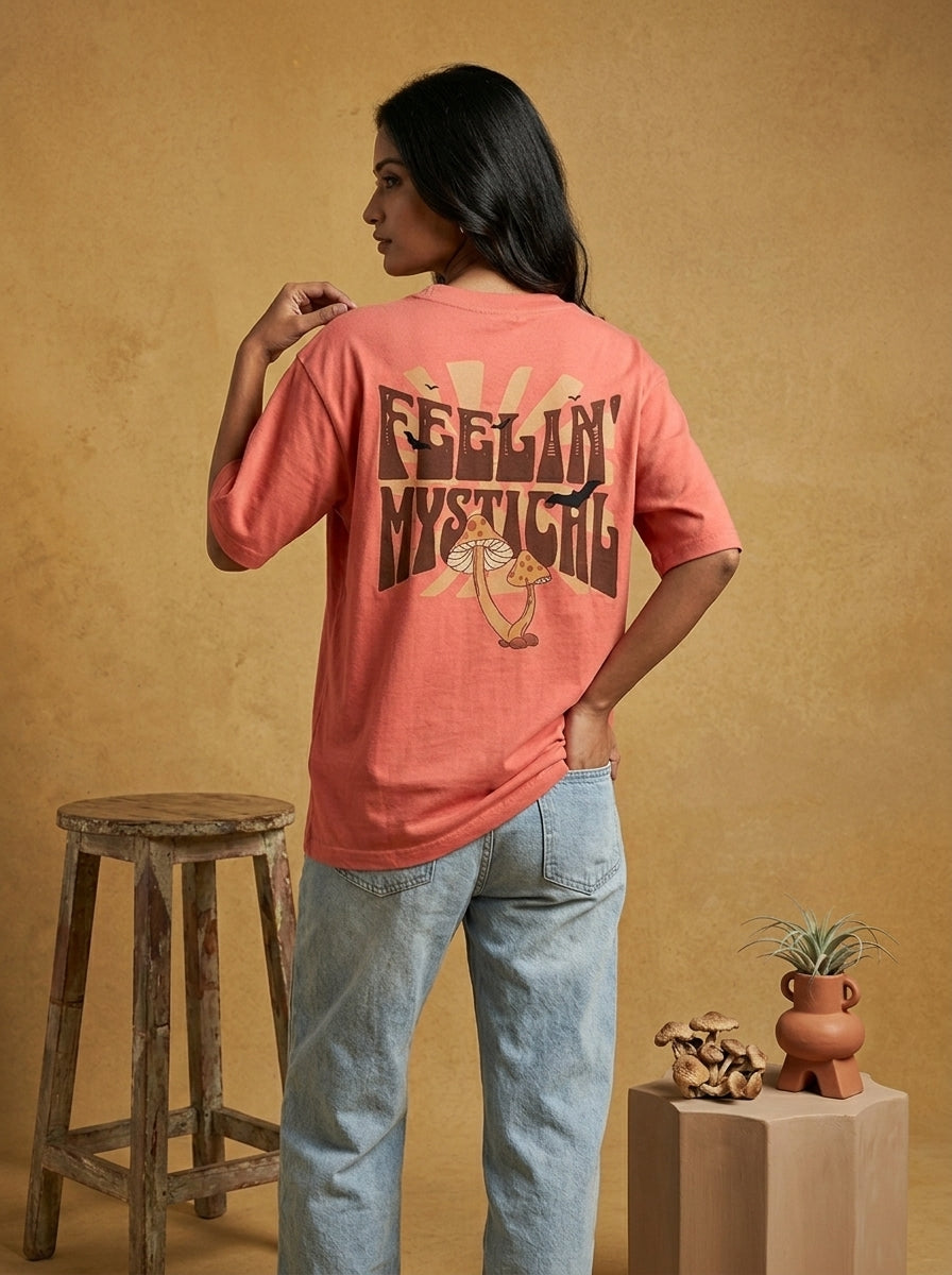 Feelin Mystical - Coral Round Neck Oversized Graphic T-shirt