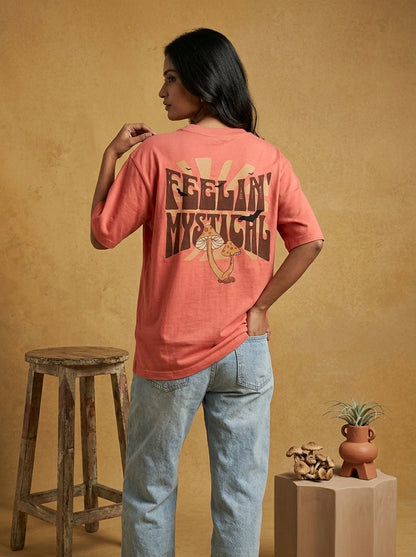 Feelin Mystical - Coral Round Neck Oversized Graphic T-shirt