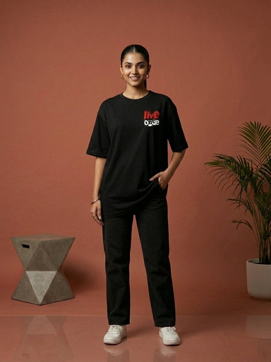 You Only Live Once- Black Round Neck Oversized Graphic T-shirt