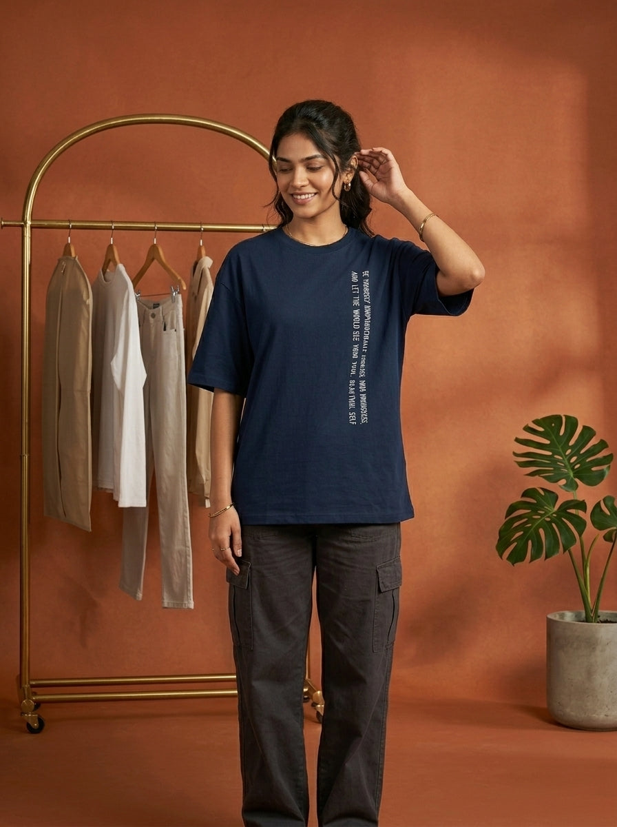 Just Be You - Navy Blue Round Neck Oversized Graphic T-shirt