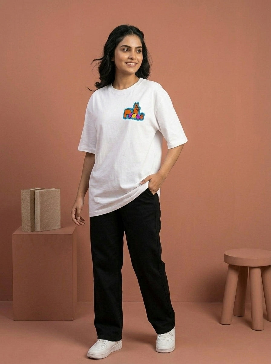 Spread Peace - White Round Neck Oversized Graphic T-shirt