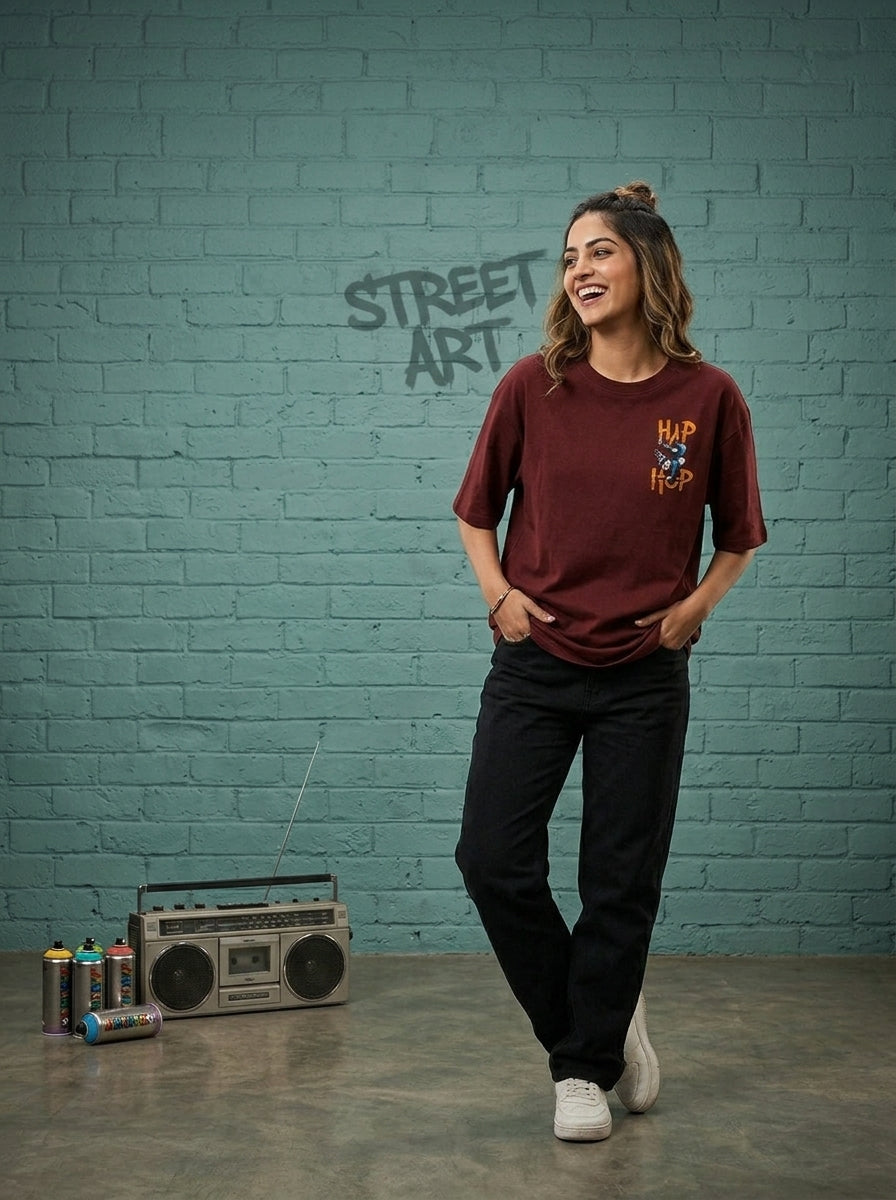 Hip Hop- Maroon Round Neck Oversized Graphic T-shirt