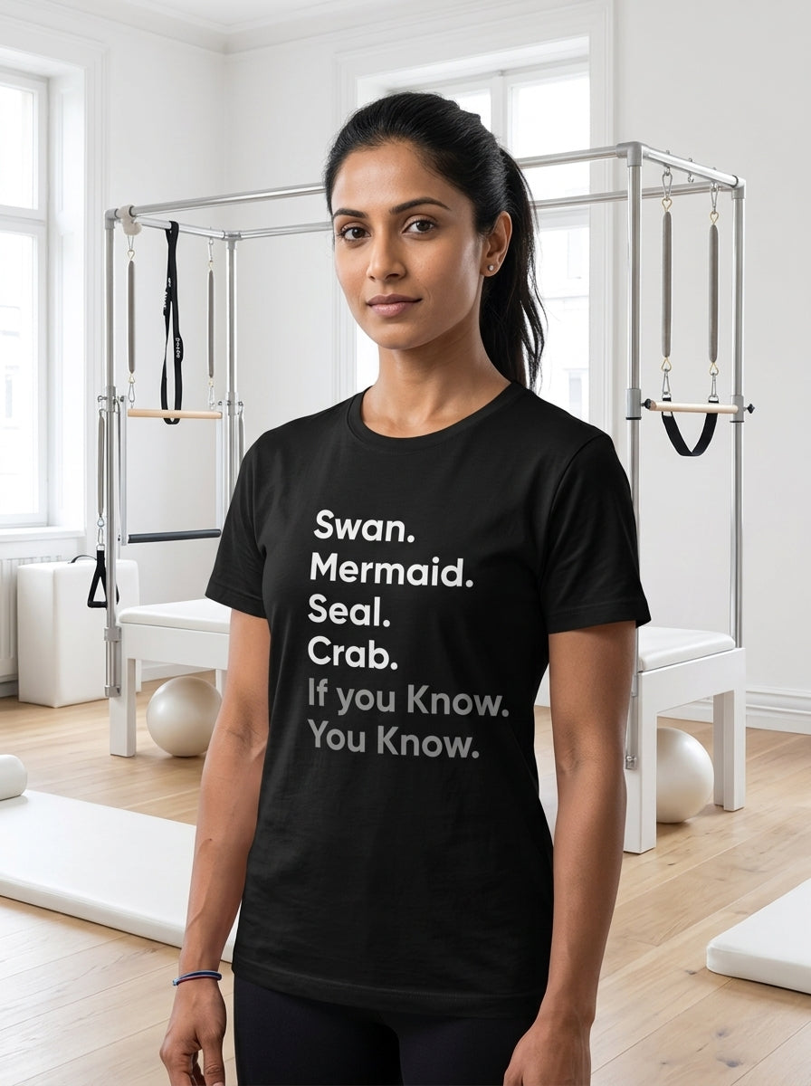 Swan Mermaid Seal Crab - Black Round Neck Pilates T-shirt