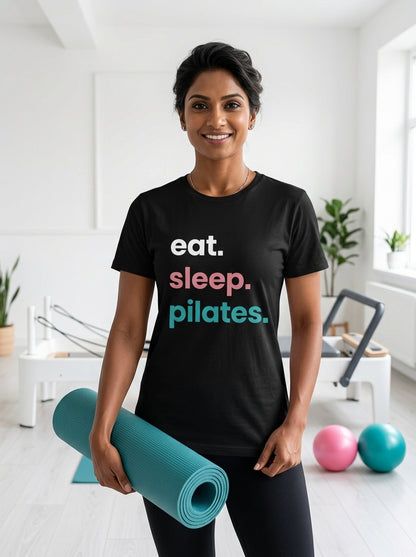 Eat Sleep Pilates - Black Round Neck Pilates T-shirt