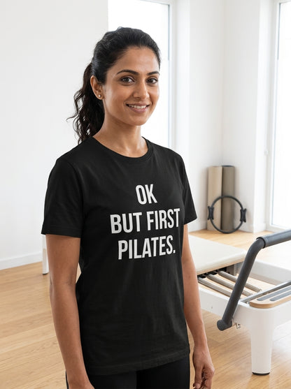 But First Pilates - Black Round Neck Pilates T-shirt