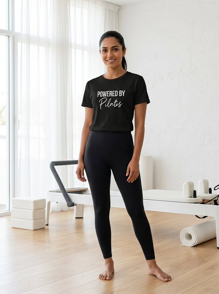 Powered by Pilates - Black Round Neck Pilates T-shirt