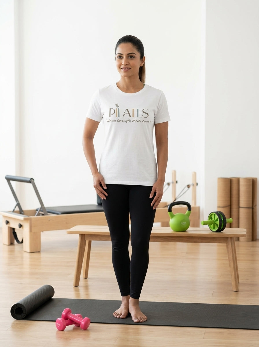 Pilates Strength- White Round Neck Pilates T-shirt