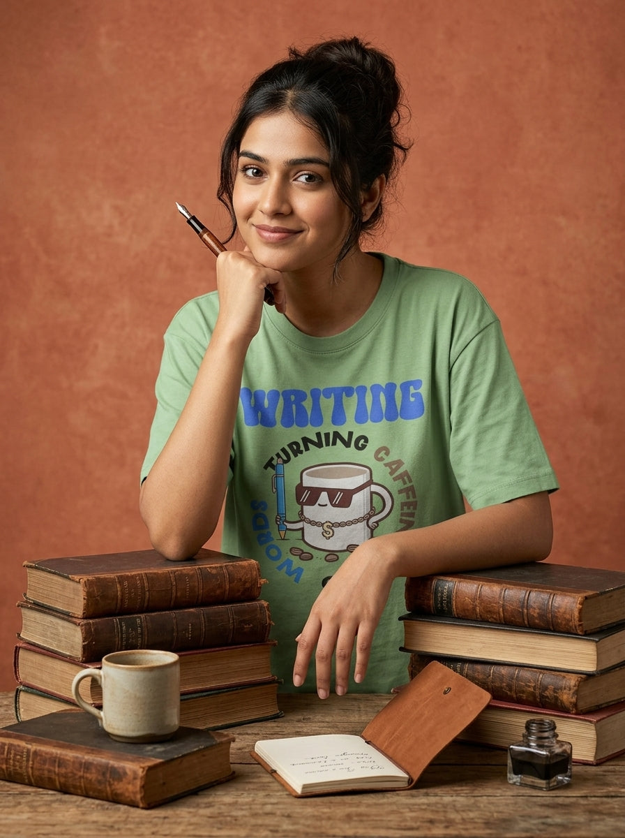 Turning caffeine into Words- Mint Round Neck Writer T-shirt