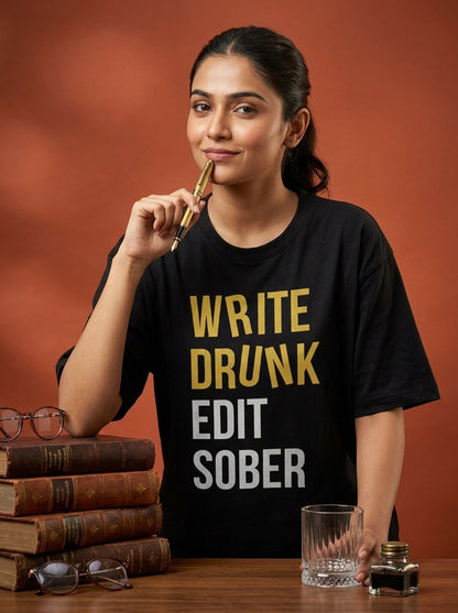 Write Drunk Edit Sober- Black Round Neck Writer T-shirt