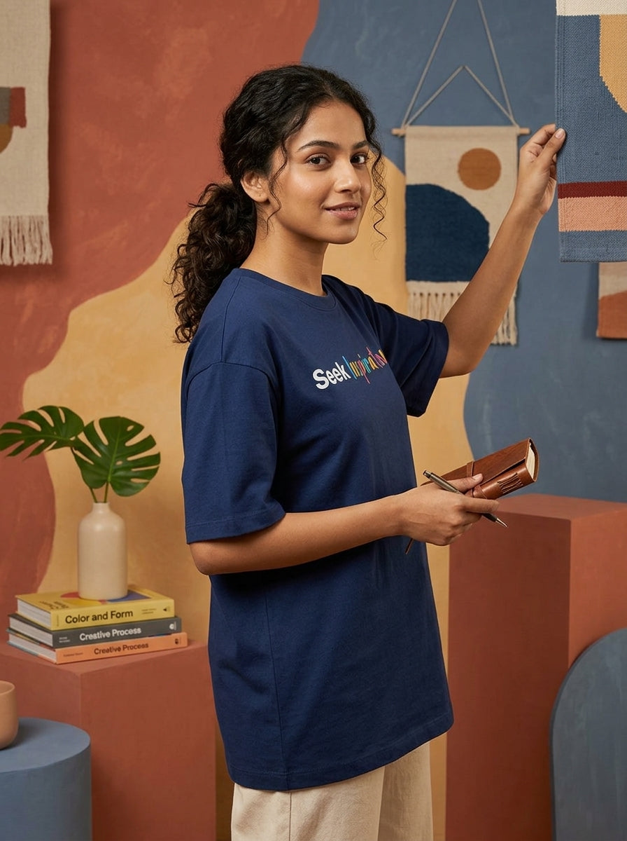 Seek Inspiration- Navy Blue Round Neck Writer T-shirt