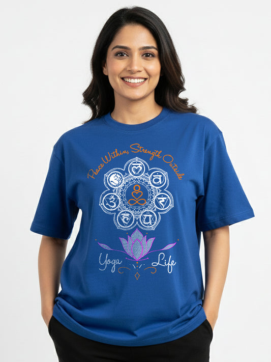 Peace Within, Strengh Outside- Royal Blue Round Neck Yoga T-shirt