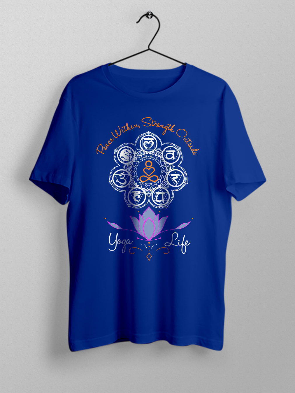 Peace Within, Strengh Outside- Royal Blue Round Neck Yoga T-shirt