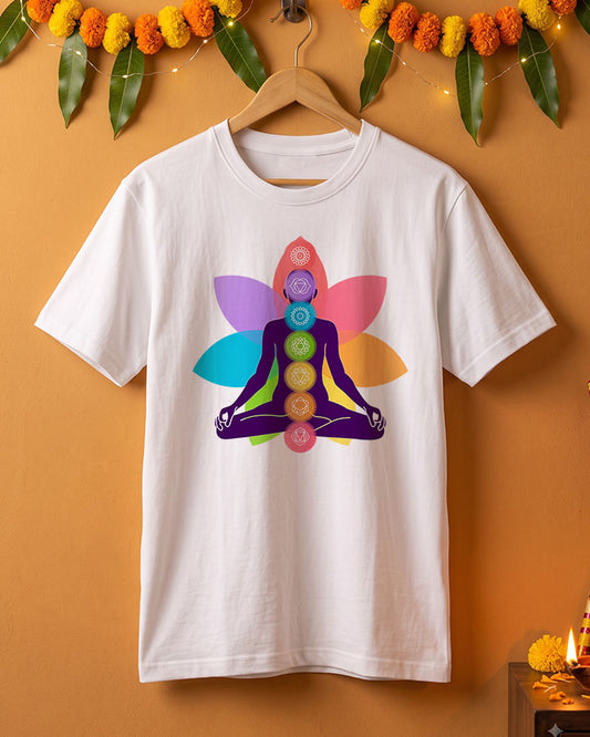 Yoga Chakras- White Round Neck Yoga T-shirt