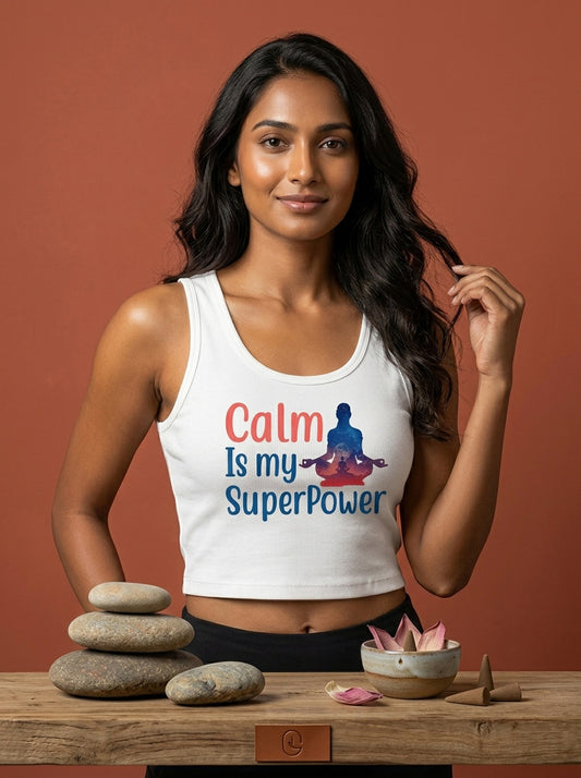 Calm is My Superpower- White Yoga Crop Tank Top