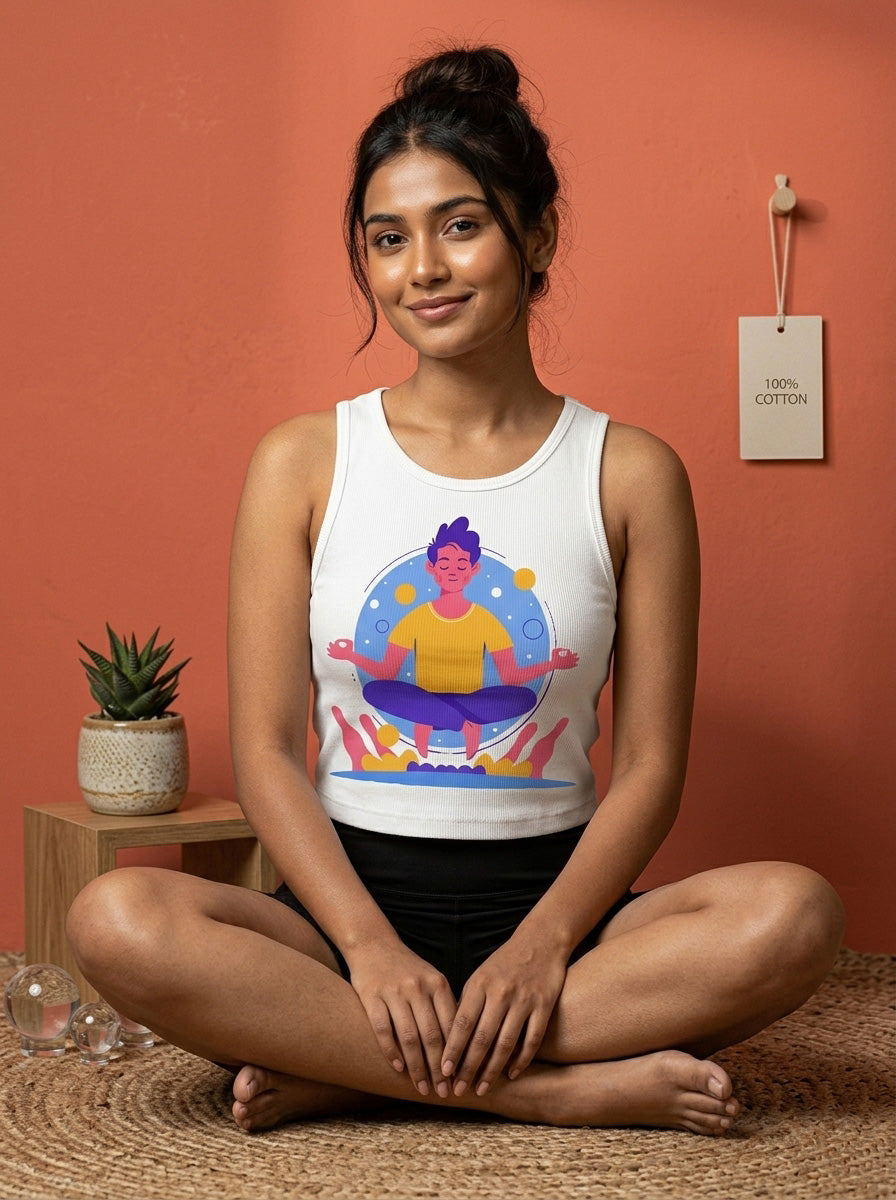Meditation Cartoon- White Yoga Crop Tank Top