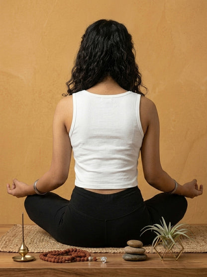 Meditation Cartoon- White Yoga Crop Tank Top