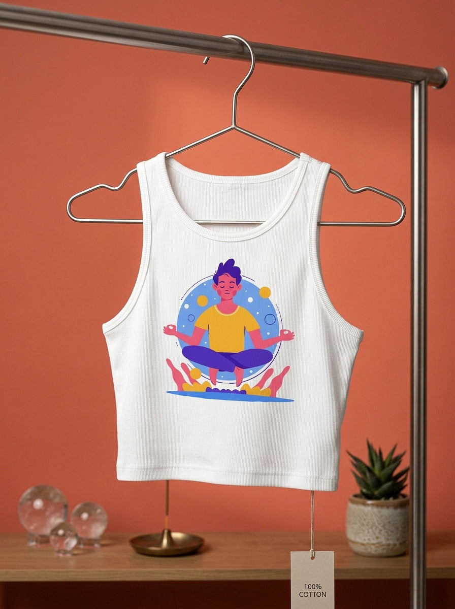 Meditation Cartoon- White Yoga Crop Tank Top