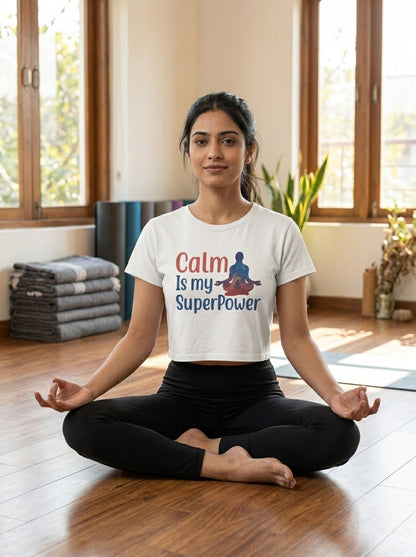 Calm Is my Superpower- White Yoga Crop Top