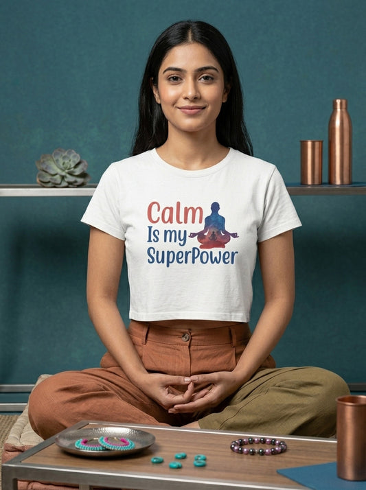 Calm Is my Superpower- White Yoga Crop Top